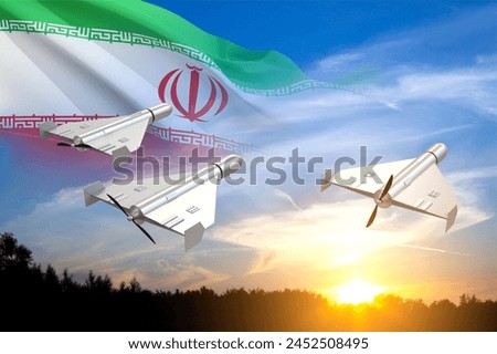 Combat drones against the sunset with Iran flag. 3d-rendering