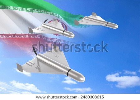 Combat drones with Iran flag on background of sky. 3d-rendering