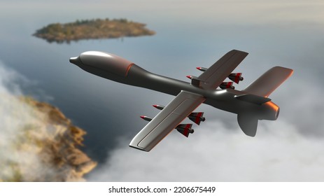 Combat UAV. Unmanned Aerial Vehicle With Remote Control. Military UAV With Night Cruise Missiles. Unmanned Aircraft With Missiles. Innovative Fighter Jet Flies Over Lake. UAV Technology. 3d Image.