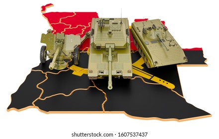 Combat vehicles on Angolan map. Military defence of Angola concept, 3D rendering isolated on white background