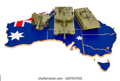 Combat Vehicles On Australian Map. Military Defence Of Australia Concept, 3D Rendering Isolated On White Background