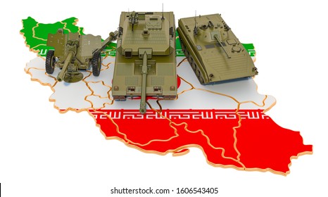 Combat Vehicles On Iranian Map. Military Defence Of Iran Concept, 3D Rendering Isolated On White Background