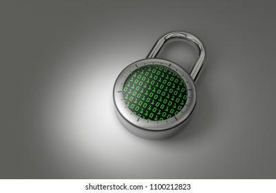 A combination lock is locked with a  screen full of ones and zeroes indicating secured data as 3d rendering.