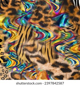 Combination textile collage pattern of wave and lines colored leopard snake tiger textures
