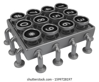 Combination type buttons keypad fixed in place grey metal 3d illustration, isolated, horizontal, over white
