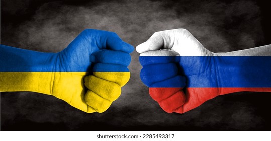 It combines flags of Russia and Ukraine and fist, tells the concept of communication and dialogue, 3d illustration - Shutterstock ID 2285493317