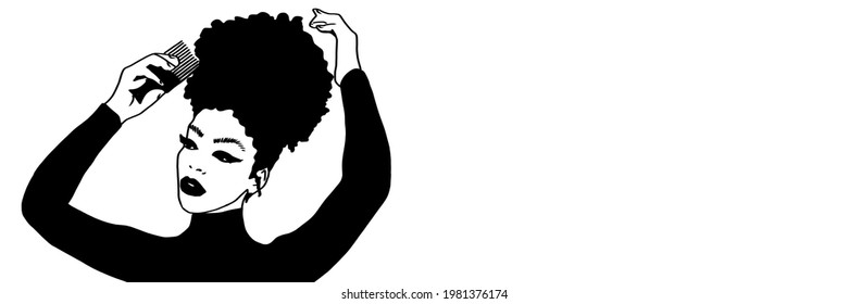 Combing Afro Hair With Comb. Black Woman. Hair Care. African American Girl With Afro Hair, Illustration