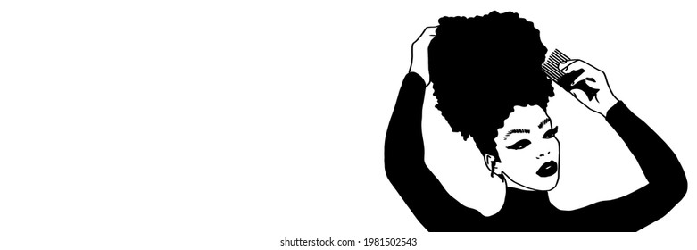 Combing Afro Hair With Comb. Black Woman. Hair Care. African American Girl With Afro Hair, Illustration