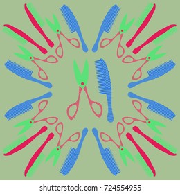 Combs, scissors  pattern. Hand drawn.