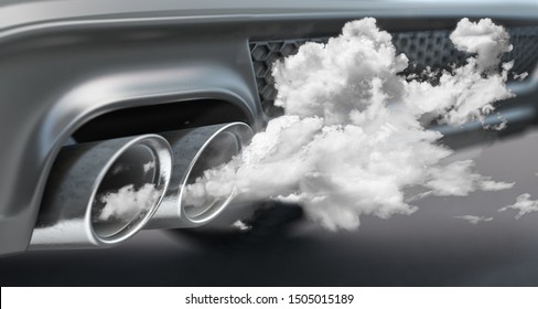 Combustion fumes co2 coming out of car exhaust pipe. Ecology, pollution of environment concept. 3d illustration