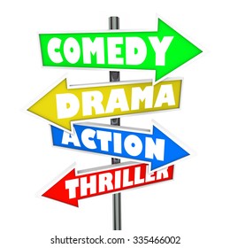 Comedy, Drama, Action And Thriller Words On Arrow Signs For Movie Categories Or Genres