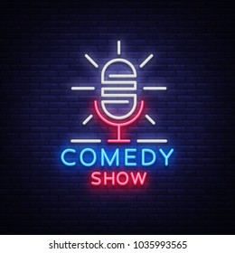Comedy Show Stand Up Invitation Is A Neon Sign. Logo, Emblem Bright Flyer, Light Poster, Neon Banner, Brilliant Night Commercials Advertisement, Card, Postcard. Illustration.