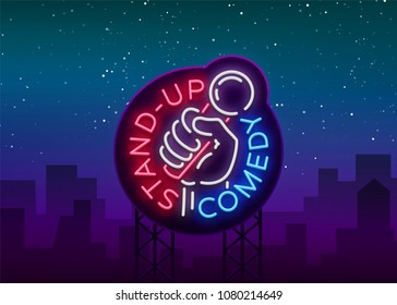 Comedy Show Stand Up Invitation Is A Neon Sign. Logo, Emblem Bright Flyer, Light Poster, Neon Banner, Brilliant Night Commercials Advertisement, Card, Postcard. Illustration.