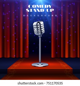 Comedy Stand Up Background With Retro Microphone On Stage And Red Curtain. Stand Up Show Performance Illustration Of Comedy Concert Poster