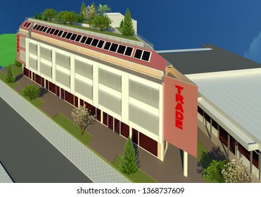 Comercial Building 3D Illustration 2. New Architectural Model Design Building With Green Roof Terrace, South East Top View, Perspective. Collection.