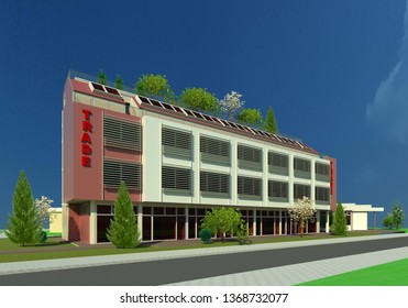 Comercial Building 3D Illustration. New Architectural Model Design Building With Green Roof Terrace, South View, Perspective. Collection.