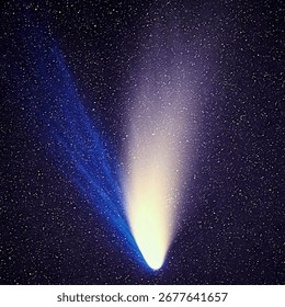 Comet Hale-Bopp In Deep Space With Bright Tail And Stellar Background, Celestial Spectacle Featuring Glowing Nucleus And Cosmic Dust In Starry Cosmos.