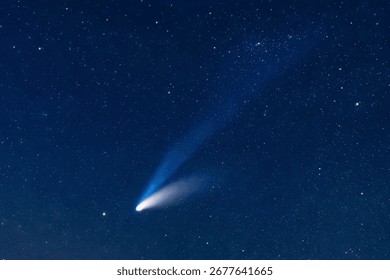 Comet Hale-Bopp In Deep Space With Bright Tail And Stellar Background, Celestial Spectacle Featuring Glowing Nucleus And Cosmic Dust In Starry Cosmos.