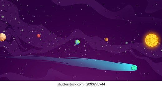 comet illustration. Comets are made up of ice and dust, when they approach the sun, the comet will evaporate and form a beautiful long tail in outer space