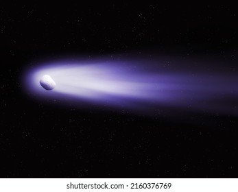 Cometary Gas Tail Glows Brightly In The Night Sky. The Nucleus And Dust Tail Of A Comet Flying In Space Near The Earth 3d Illustration.