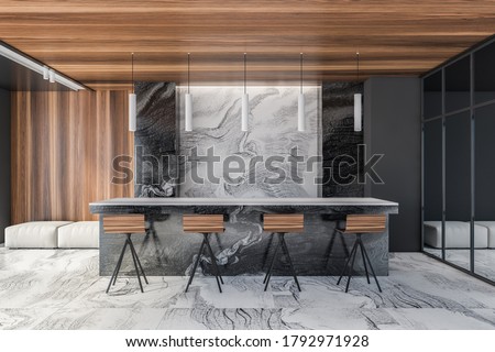 Comfortable bar with stools and white sofa standing in modern living room with black marble walls and marble floor. 3d rendering
