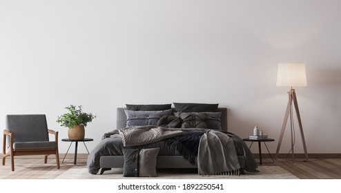 Comfortable Bedroom With Empty Wall Mockup Design, Dark Bed On White Wall Background, 3d Render, 3d Illustration