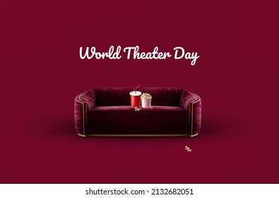 Comfortable couch with popcorn and cold drink indoors. Home cinema. Red sofa. Concept of entertainment. World Theater Day. - Powered by Shutterstock