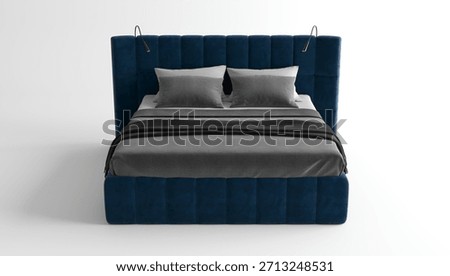 Comfortable gray bed with dark blue linens on white background. Bed isolated on white background. 