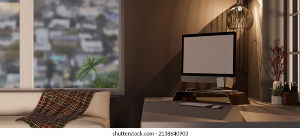 Comfortable Home Workspace In Living Room Interior Design, White Comfy Couch With Blanket Against The Window, Computer And Accessories On Table Against Brown Wall. 3d Rendering, 3d Illustration