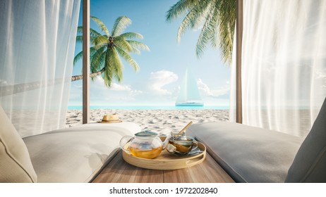 Comfortable lounge canopy on VIP beach seascape. Tropical beach scene with white canopy and curtain. View from beach canopy. 3d illustration