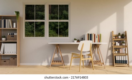 Comfortable Minimal Home Workplace Interior Design With Working Table, Chair, Wood Bookshelf, Decor And Window On The White Wall. 3d Rendering, 3d Illustration