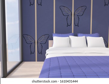 Comfortable And Modern Bedroom With Colored Unique Wallpaper In 3d Render