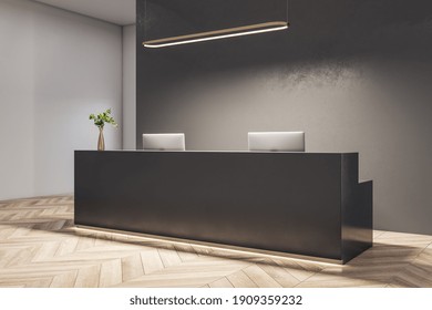 Comfortable office hall with gray reception desk and computers. Workplace and corporate concept. 3D Rendering