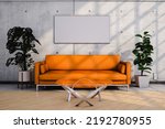 Comfortable orange sofa and oval glass table placed between potted plants against concrete wall with blank picture in sunlit living room at home. 3d render