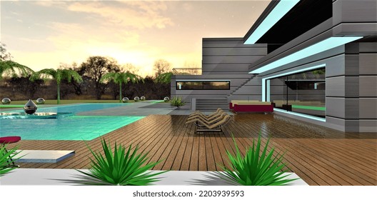 Comfortable Relaxation Area Of A Stylish Tech Estate With A Decked Pool And Sun Loungers. The House Is Illuminated With An Overhead LED Film. 3d Render.