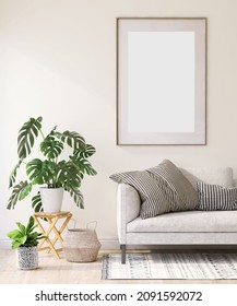 A Comfortable Sofa With Cushions In The Living Room With Trendy Indoor Decor Monstera Plants In Pots, A Mock Up Blank Photo Frame On Beige Wall. Home Garden, Green Living, 3D Render, Interior Design. 