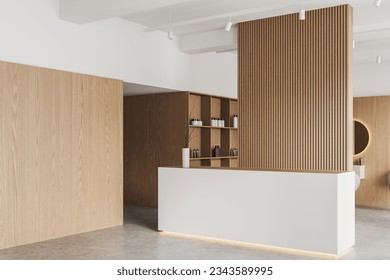 Comfortable white reception desk standing in modern beauty salon with white and wooden walls, concrete floor and shelves with beauty products. 3d rendering - Powered by Shutterstock