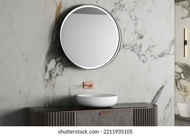 Comfortable White Sink With Oval Mirror Standing On Marble Countertop In Modern Bathroom With Marble Walls. 3d Rendering