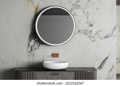 Comfortable White Sink With Oval Mirror Standing On Marble Countertop In Modern Bathroom With Marble Walls. 3d Rendering