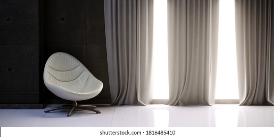 Comfy Leather White Chair Luxurious White Glossy Floor Minimalist Black Dark Walls Room With Sunrays Big Window And Curtains Empty Space 3D Rendering Illustration