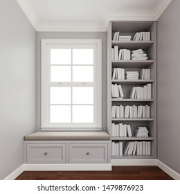 Comfy Upholstered Window Seat With Drawers In A Window Nook With Library And Books.  Trim, Molding, Crown And Baseboard In White Color. 3d Rendering, 3d Illustration