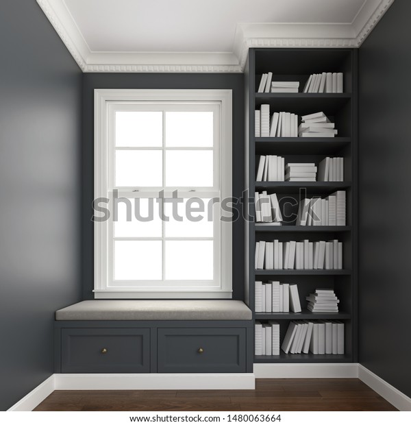 Comfy upholstered window seat\
with drawers in a window nook with library and books.  Trim,\
molding, crown and baseboard in white color. 3d rendering, 3d\
illustration