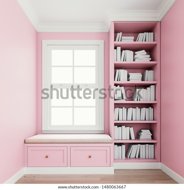 Comfy upholstered window seat with drawers\
in a window nook with library and books. Millennial pink colored\
walls. Trim, molding, crown and baseboard in white color. 3d\
rendering, 3d\
illustration