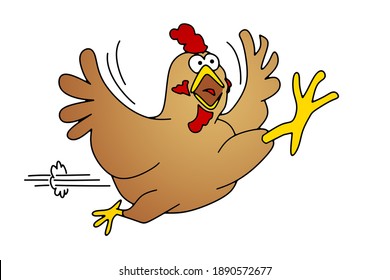 A comic art illustration of a running chicken isolated on white background