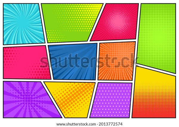 Comic\
backgrounds. Manga, pop art backdrops in frames. Superhero\
explosion texture with halftone effect. Vintage  templates set with\
rays, dots or spots and lines\
illustration