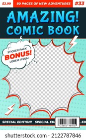 Comic Book Cover. Comics Template, Funny Image Magazine Card. Cartoon Superhero Flyer Title Page, Recent Bubble Boom Frame Background