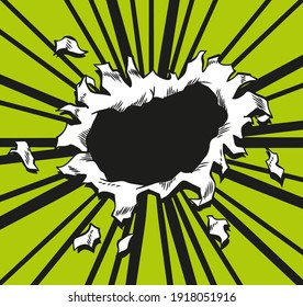 Comic book hole. paper is torn through boom explosion. Circle hole in the middle on green background. Comics style cover template or flyer wallpaper