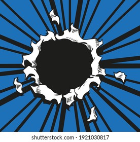 Comic book hole. paper is torn through boom explosion. Circle hole in the middle on blue background. Comics style cover template or flyer wallpaper