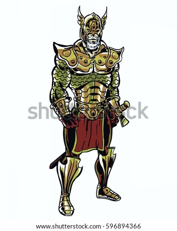 Comic book illustrated armored warrior hero with a helmet and beard