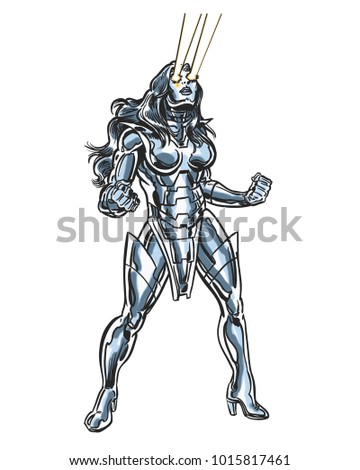 Comic book illustrated cosmic powered silver woman with eye beams